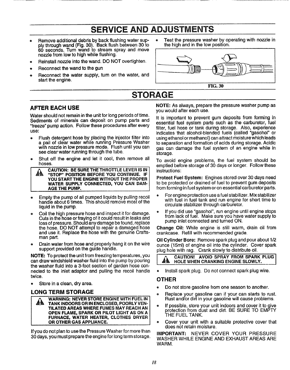 Service and adjustments, Storage, After each use | Long term storage, Other, Service and adjustt/ients | Craftsman 580.751781 User Manual | Page 18 / 28
