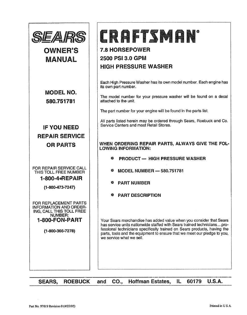 Crrftsmfln, Beam, Owner’s | Manual | Craftsman 580.751781 User Manual | Page 28 / 28