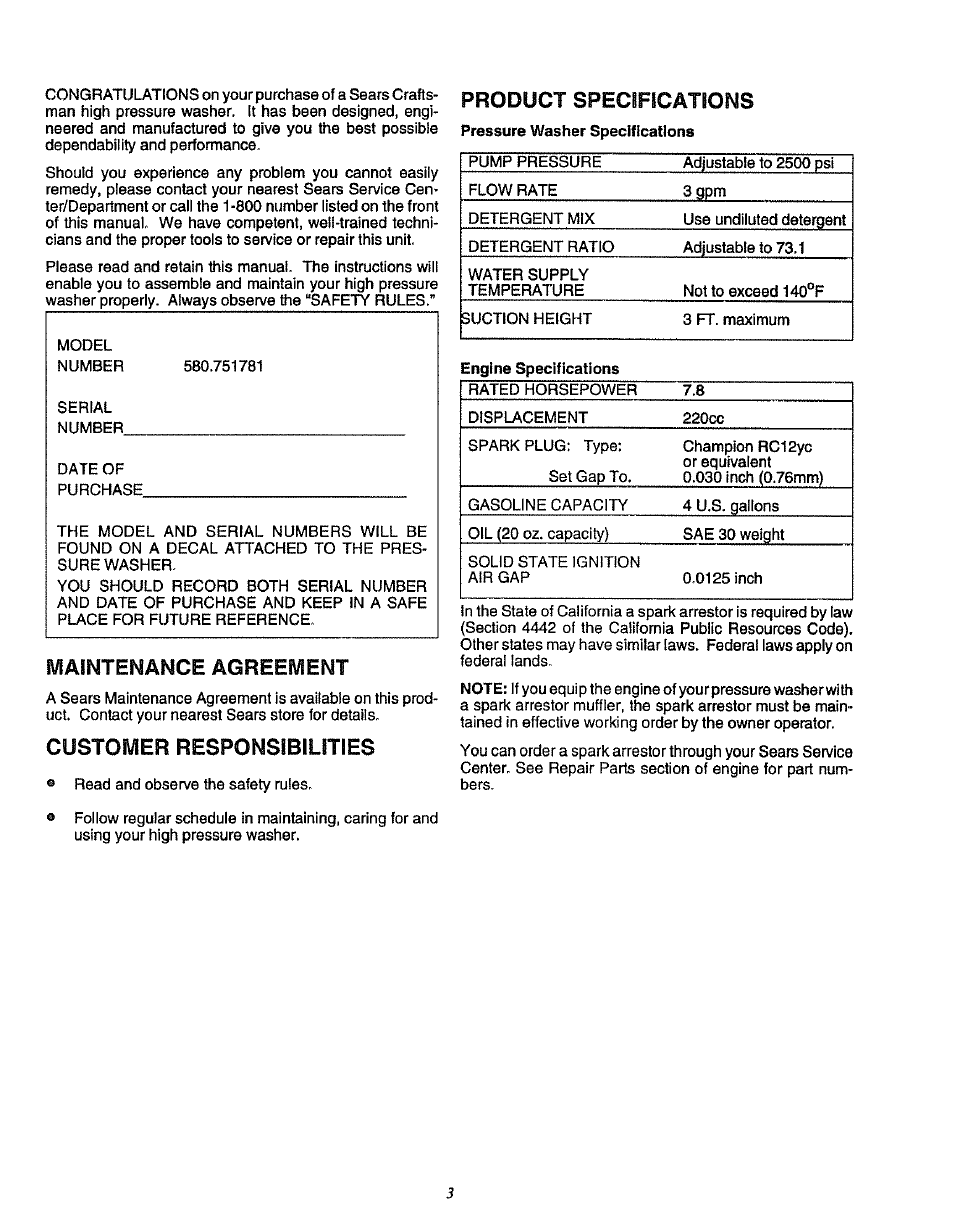 Maintenance agreement, Customer responsibilities, Product specifications | Craftsman 580.751781 User Manual | Page 3 / 28