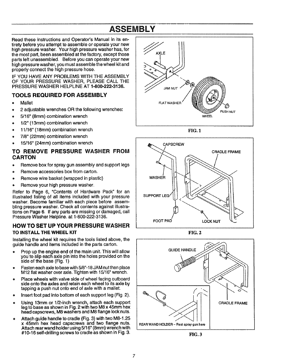 Assembly, Tools required for assembly, To remove pressure washer from carton | How to set up your pressure washer, To install the wheel kit, Assembly -8, Fig. 1 | Craftsman 580.751781 User Manual | Page 7 / 28