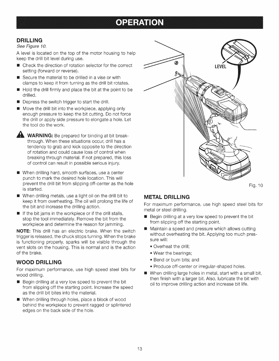 Wood drilling, Metal drilling, Operatio | Craftsman 315.11910 User Manual | Page 13 / 18