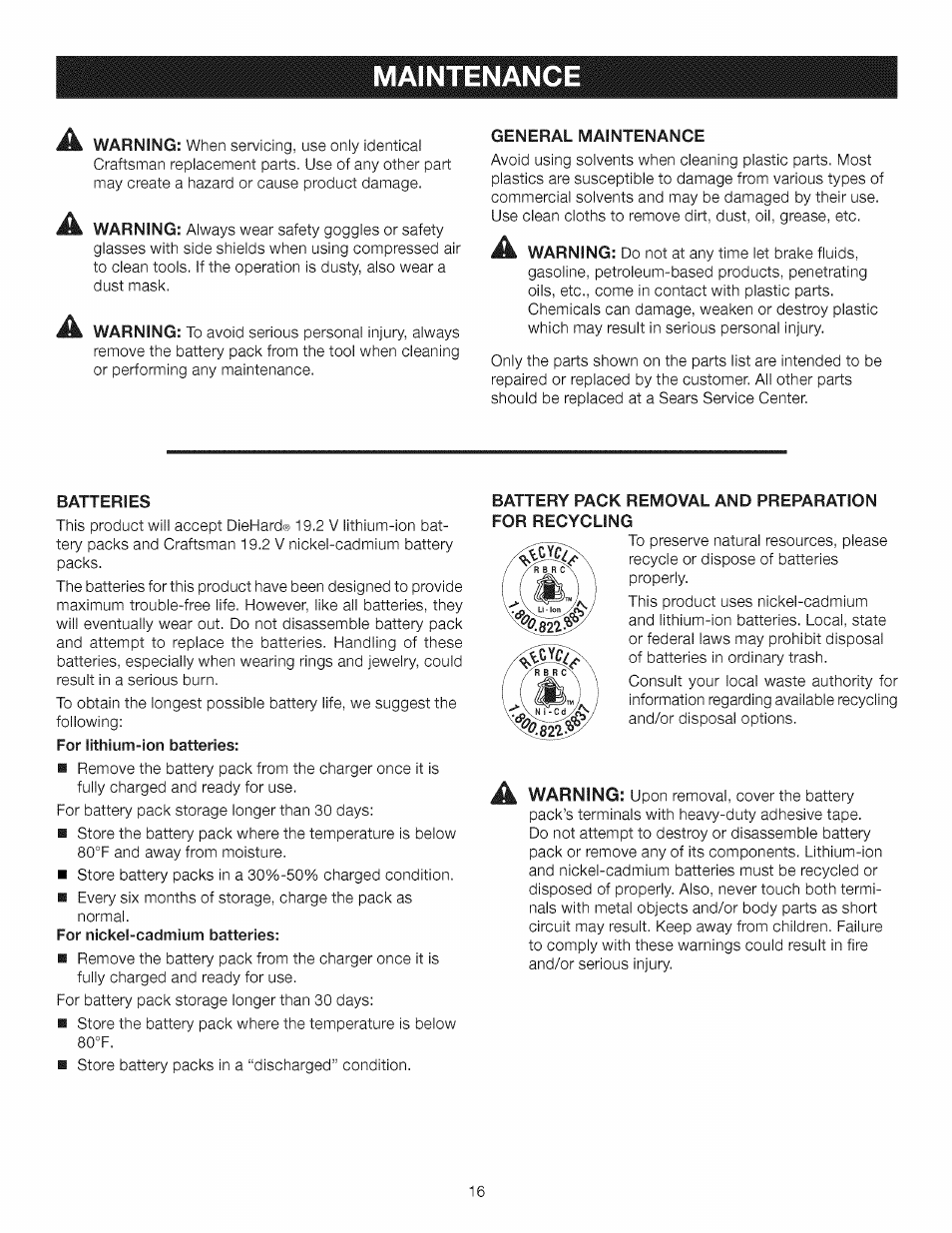 Maintenance | Craftsman 315.11910 User Manual | Page 16 / 18