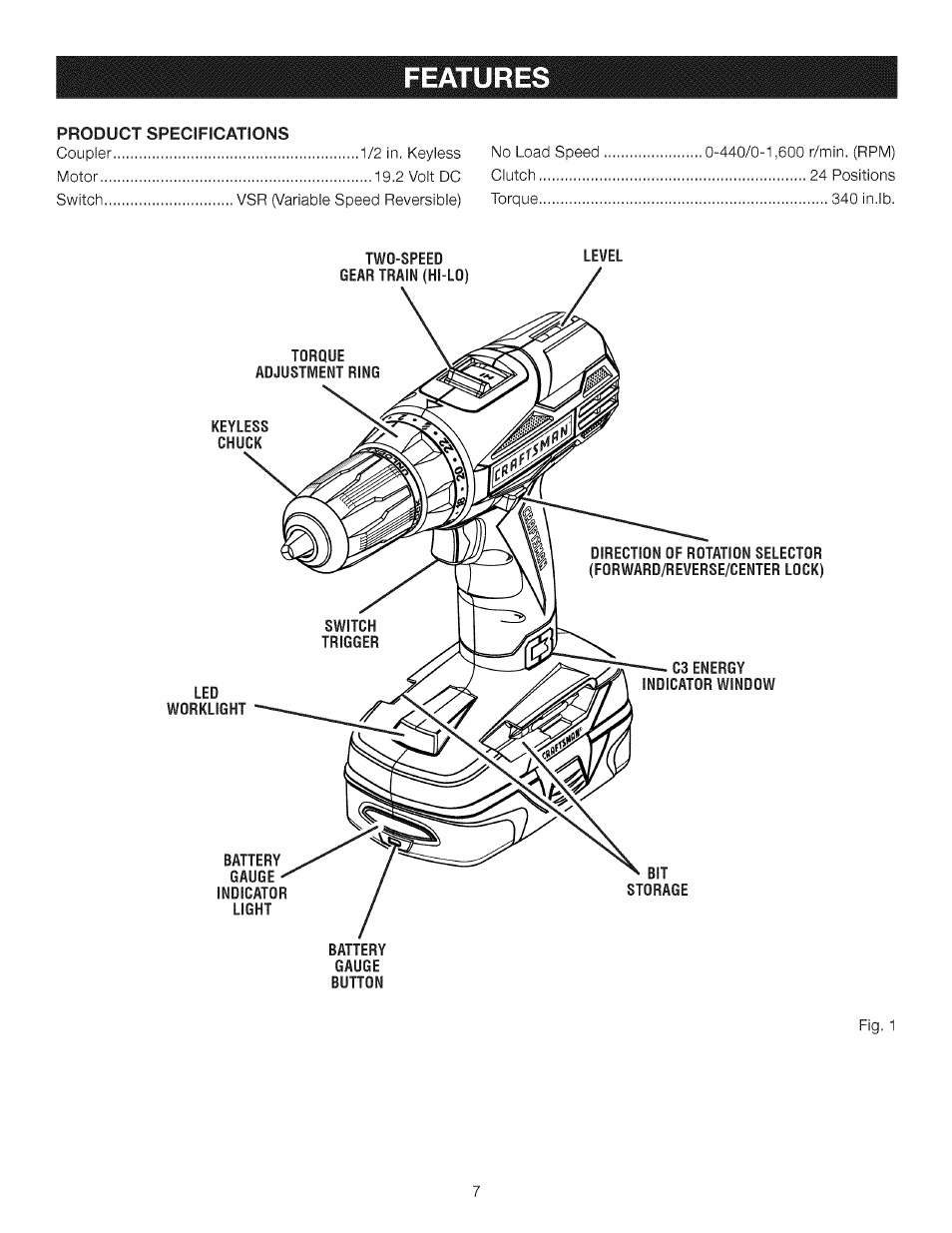 Features, C3energy indicator window, Features -8 | Craftsman 315.11910 User Manual | Page 7 / 18