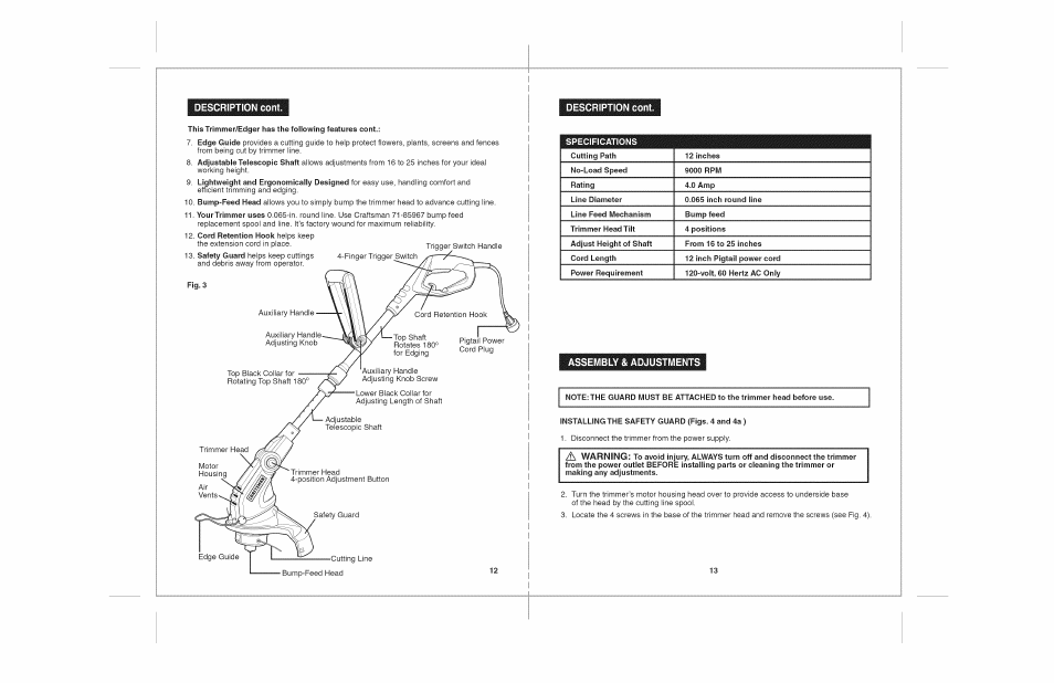 Safety instructions cont, Warning, Caution | Craftsman 172.74544 User Manual | Page 7 / 26