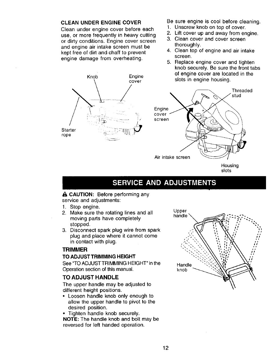 Service and adjustments, Trimmer, To adjust handle | Craftsman 917.773420 User Manual | Page 12 / 26