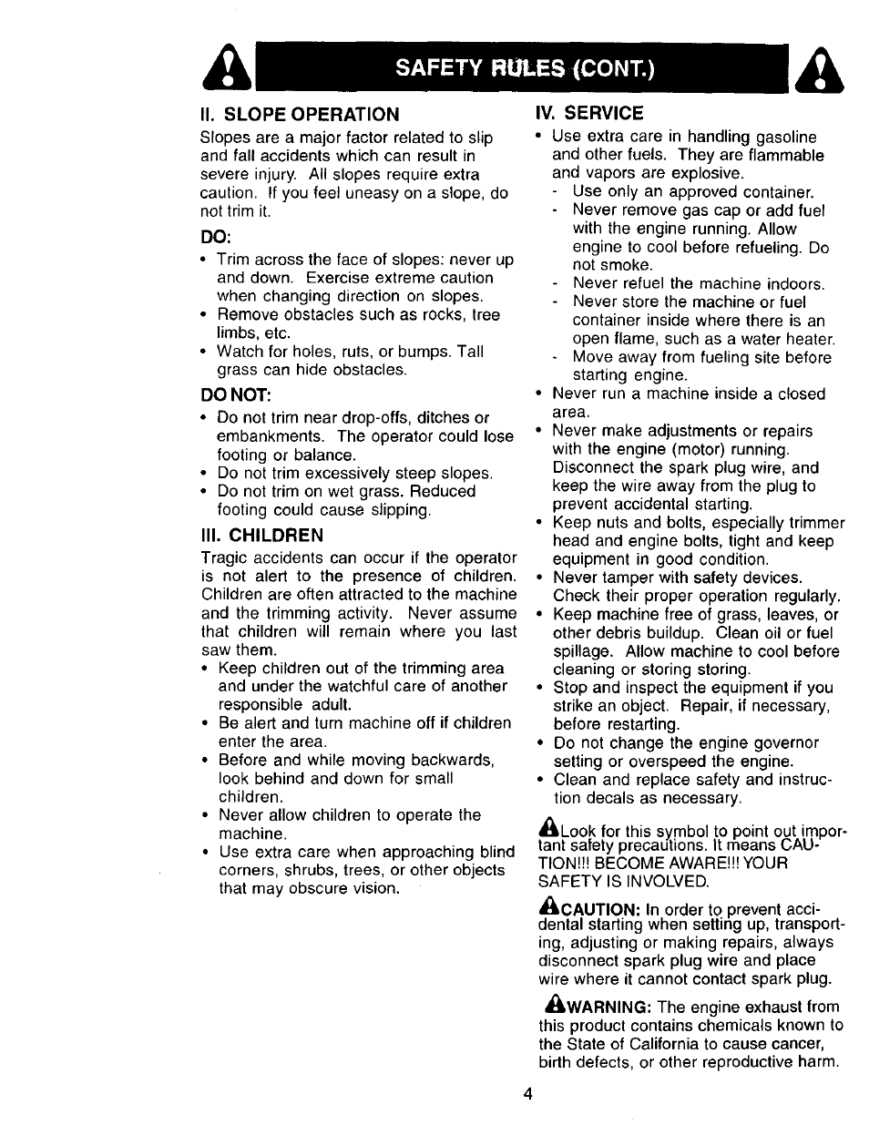 Ii. slope operation, Do not, Iii. children | Iv. service, Safety botes <cont.) | Craftsman 917.773420 User Manual | Page 4 / 26