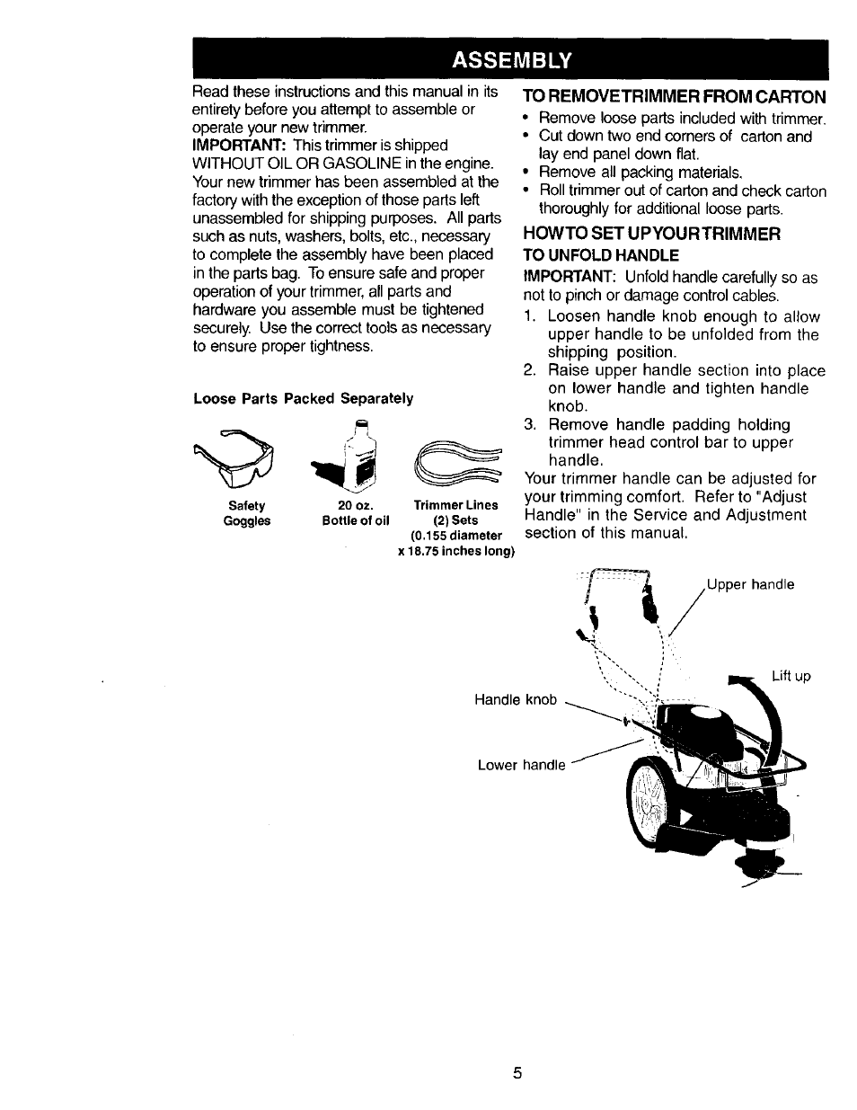 Assembly, To removetrimmer from carton, Impofitant | Howto set upyourtrimmer to unfold handle important | Craftsman 917.773420 User Manual | Page 5 / 26
