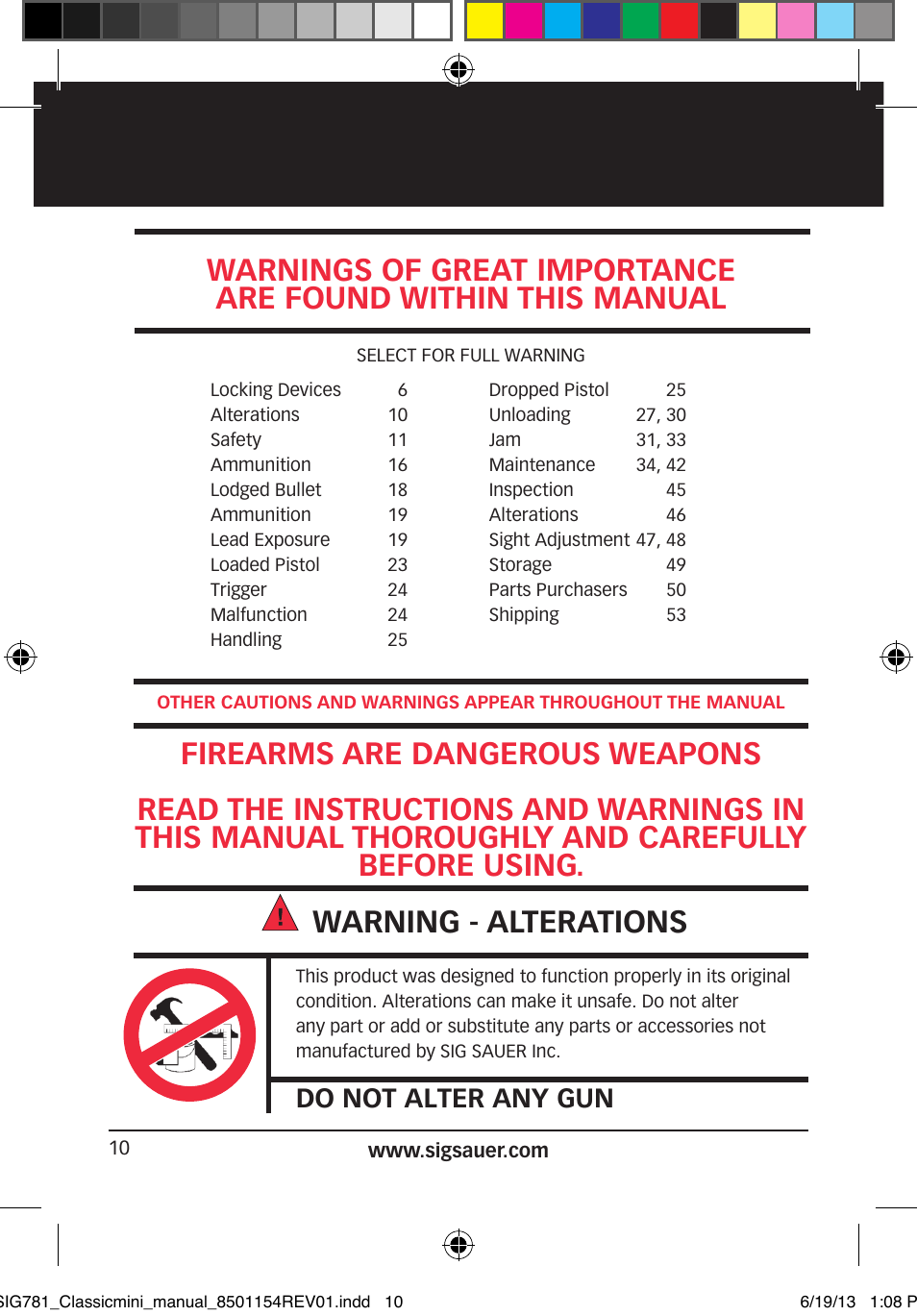 Do not alter any gun | SIG SAUER P229 User Manual | Page 10 / 88