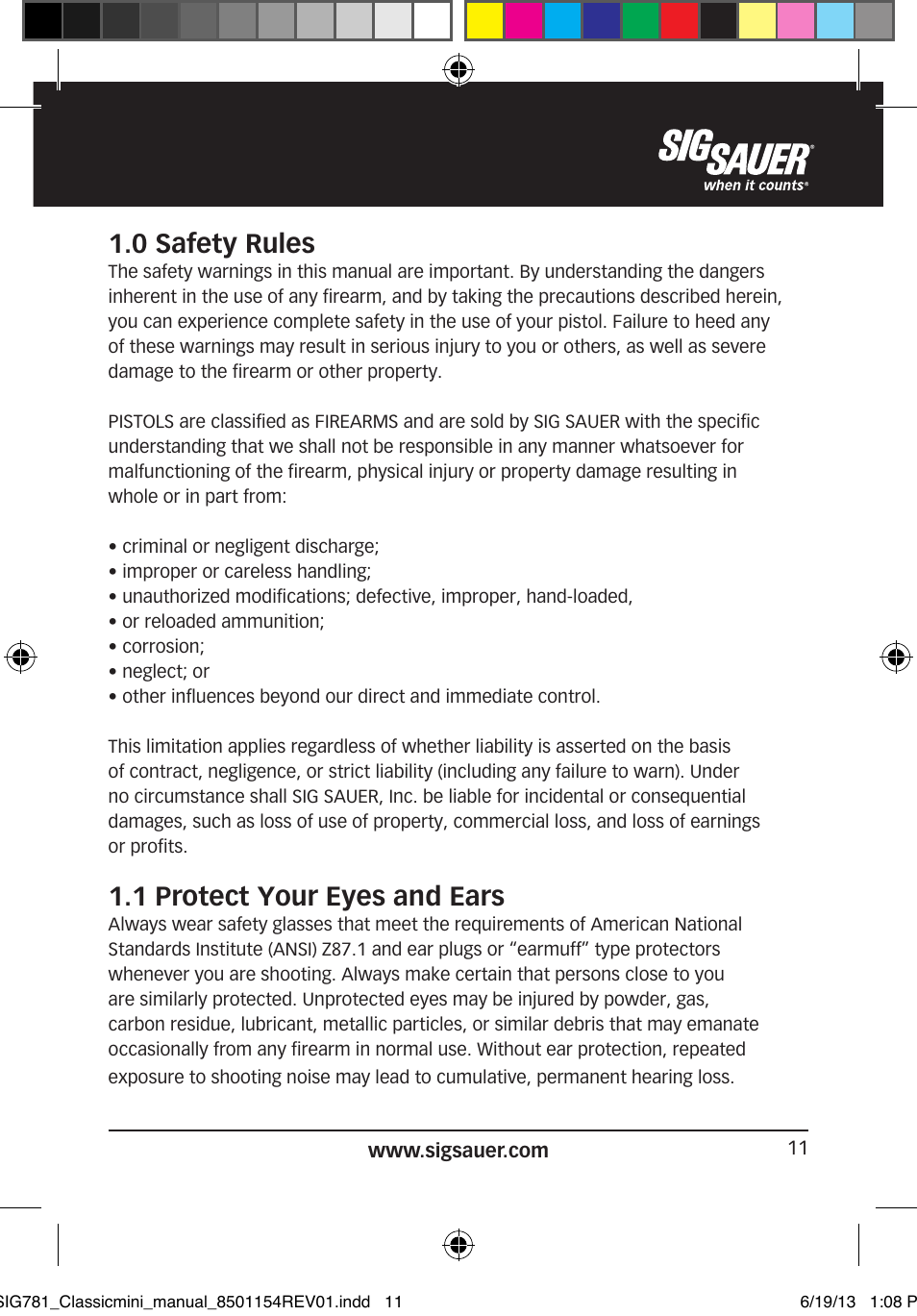 0 safety rules, 1 protect your eyes and ears | SIG SAUER P229 User Manual | Page 11 / 88