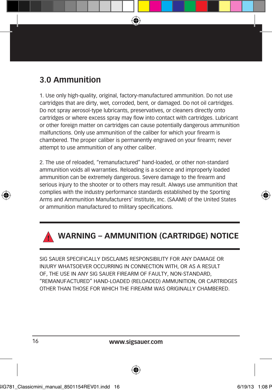 0 ammunition, Warning – ammunition (cartridge) notice | SIG SAUER P229 User Manual | Page 16 / 88