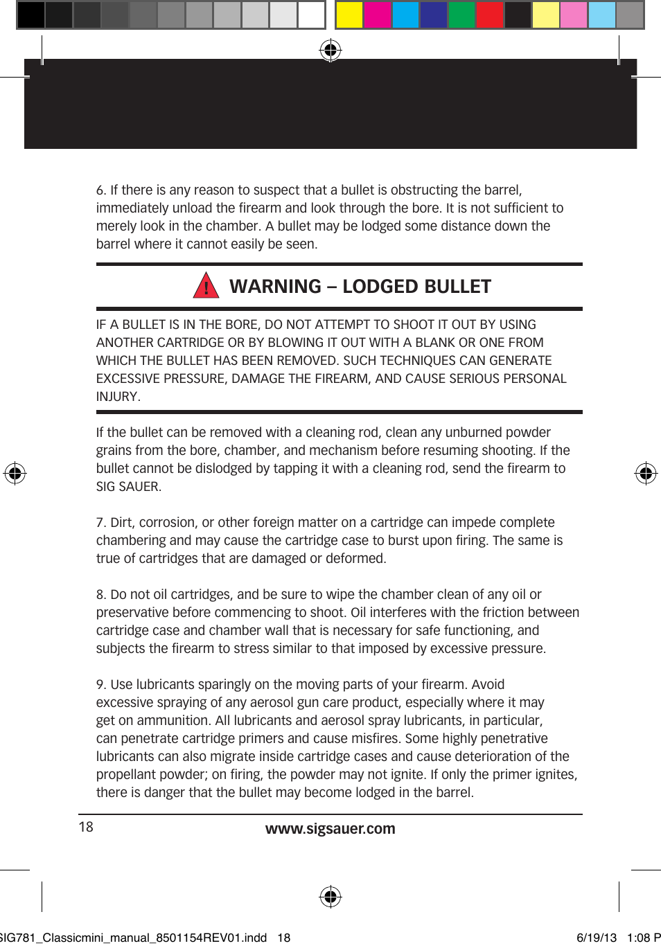 Warning – lodged bullet | SIG SAUER P229 User Manual | Page 18 / 88