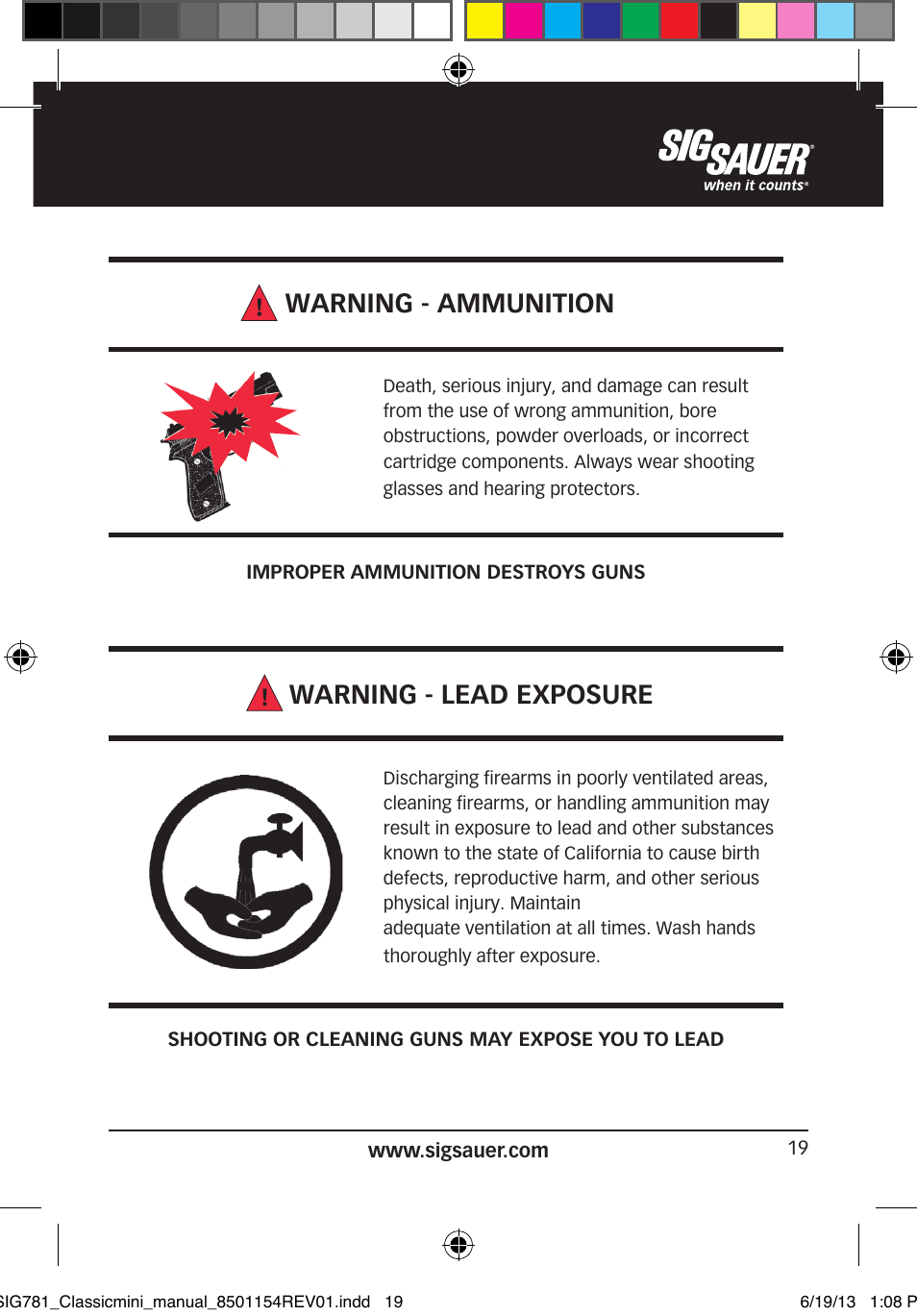Warning - ammunition, Warning - lead exposure | SIG SAUER P229 User Manual | Page 19 / 88