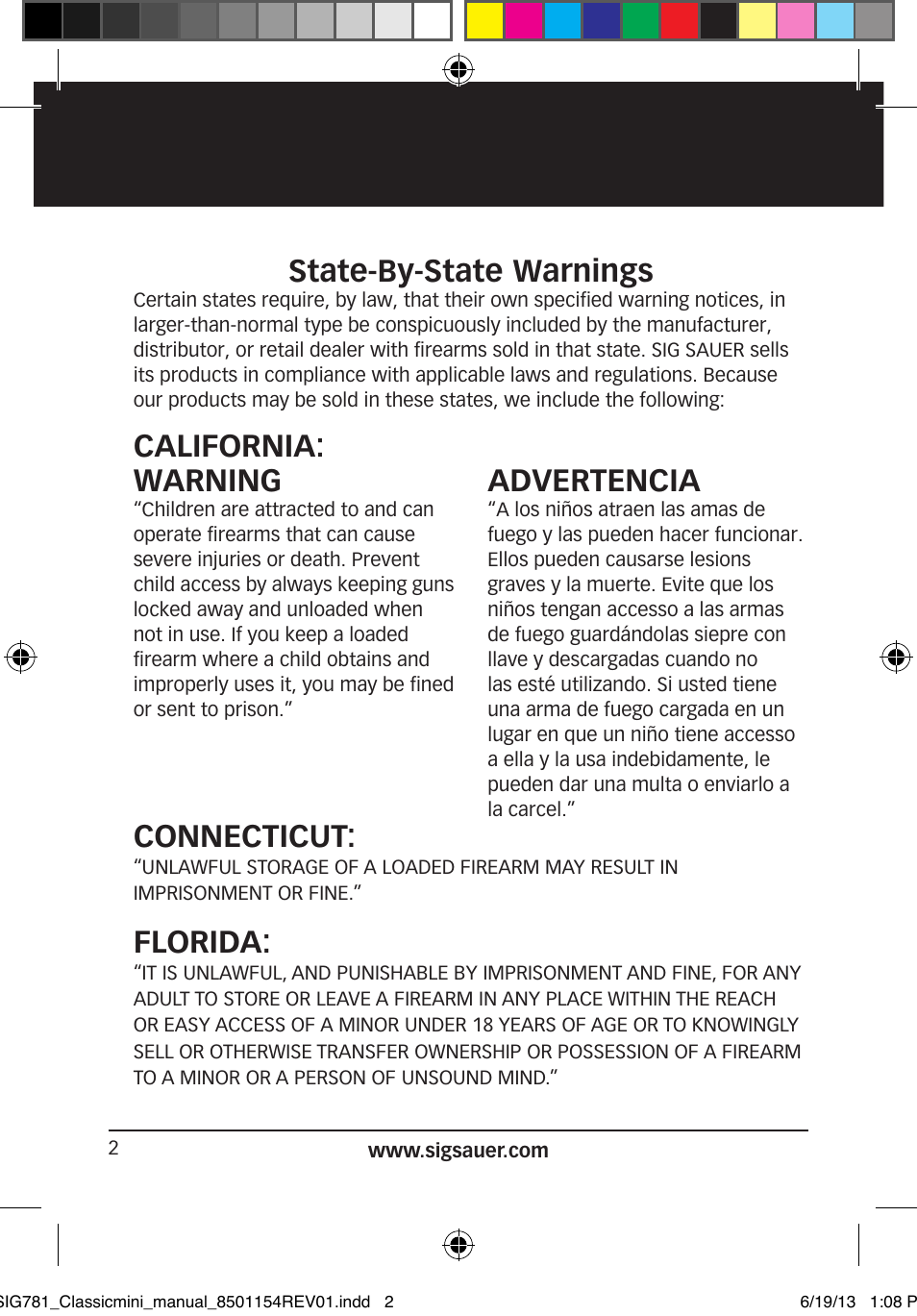 State-by-state warnings, California: connecticut, Florida | Warning, Advertencia | SIG SAUER P229 User Manual | Page 2 / 88