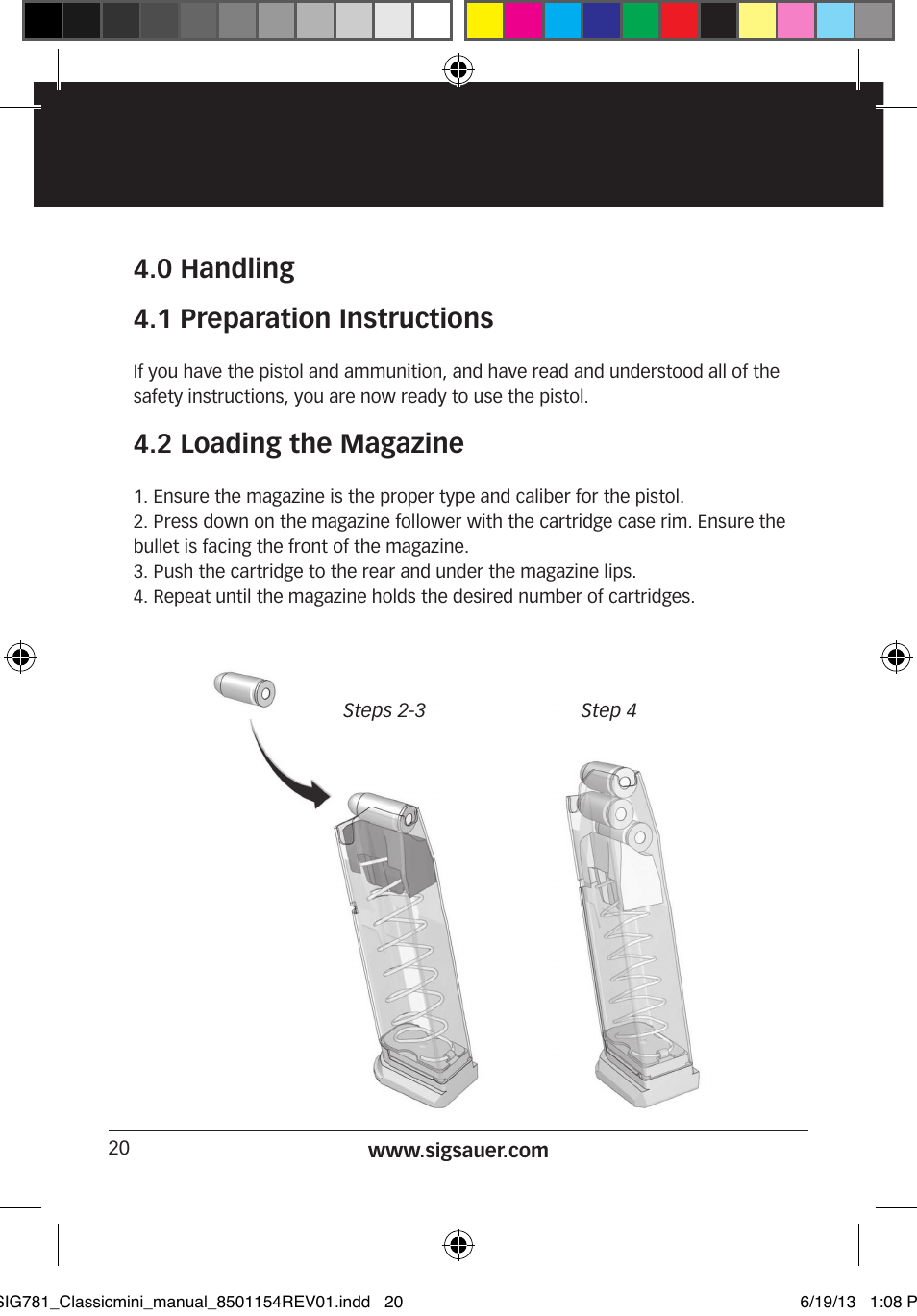 0 handling 4.1 preparation instructions, 2 loading the magazine | SIG SAUER P229 User Manual | Page 20 / 88