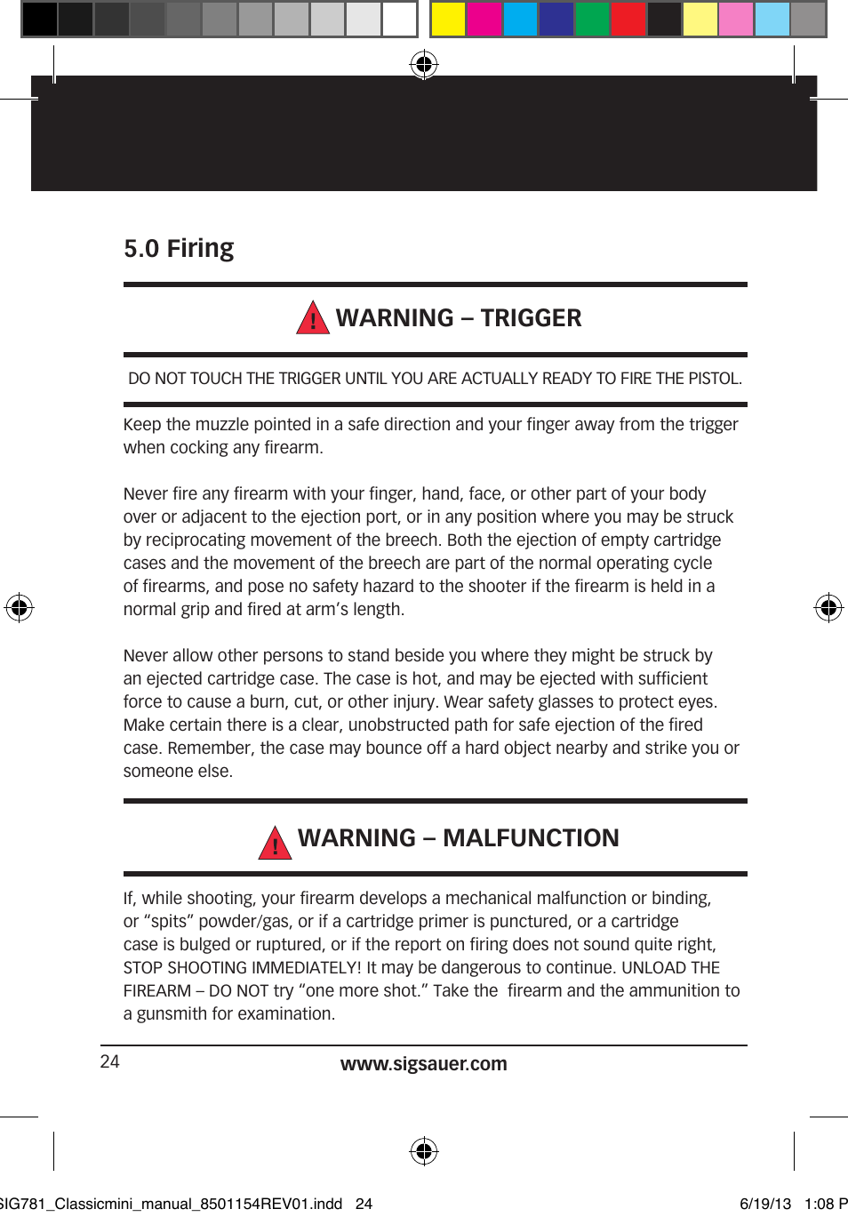 0 firing warning – trigger, Warning – malfunction | SIG SAUER P229 User Manual | Page 24 / 88