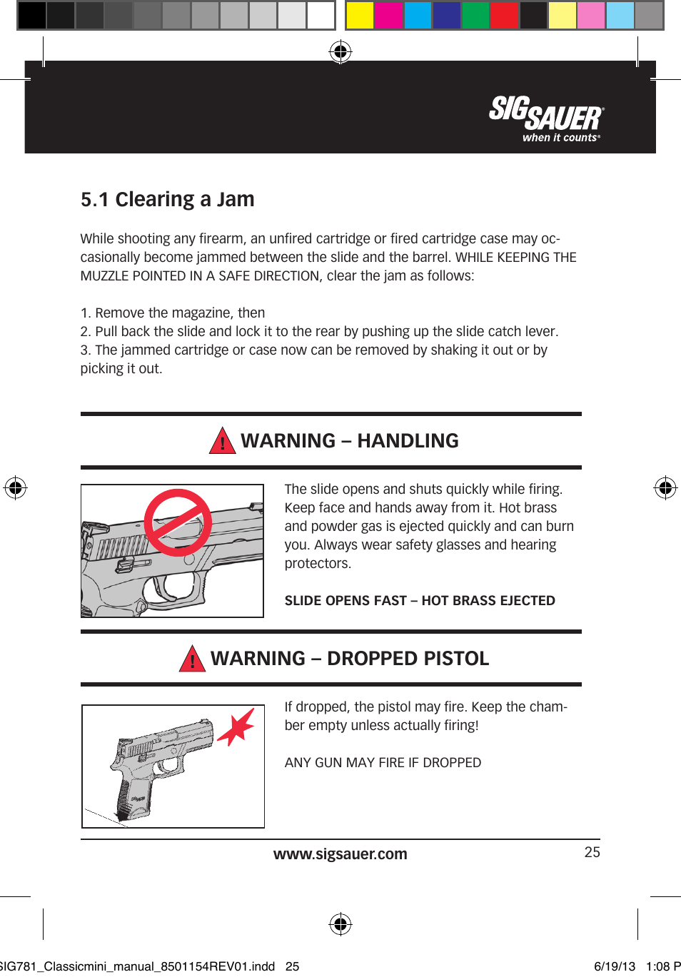 1 clearing a jam, Warning – handling, Warning – dropped pistol | SIG SAUER P229 User Manual | Page 25 / 88