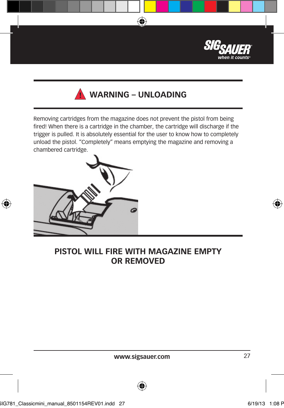 Warning – unloading, Pistol will fire with magazine empty or removed | SIG SAUER P229 User Manual | Page 27 / 88