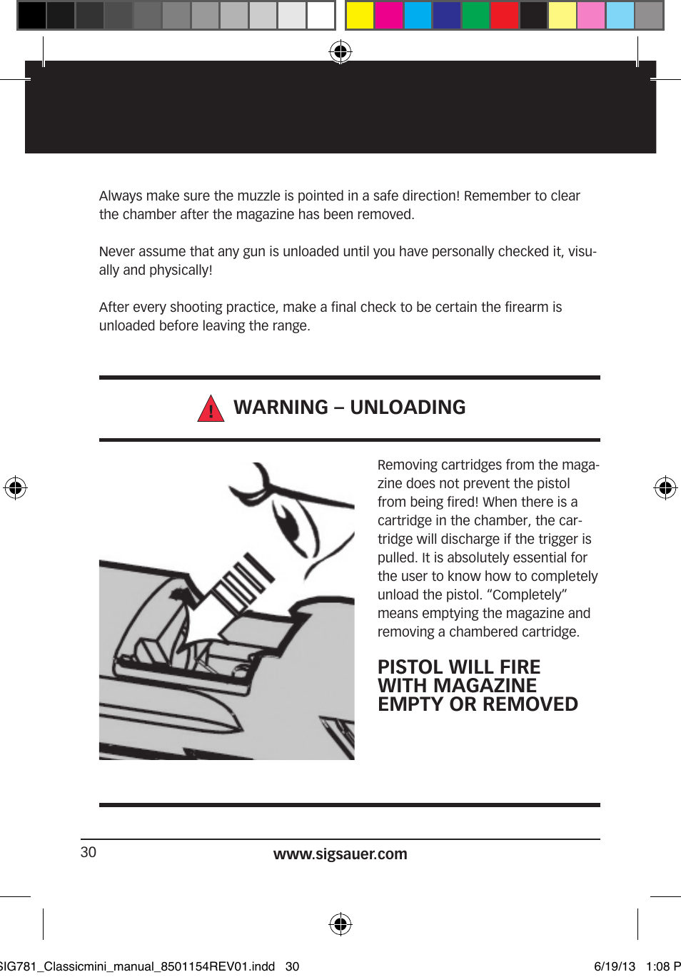 Warning – unloading, Pistol will fire with magazine empty or removed | SIG SAUER P229 User Manual | Page 30 / 88