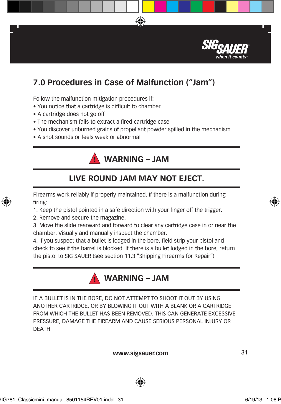 0 procedures in case of malfunction (“jam”), Warning – jam live round jam may not eject, Warning – jam | SIG SAUER P229 User Manual | Page 31 / 88