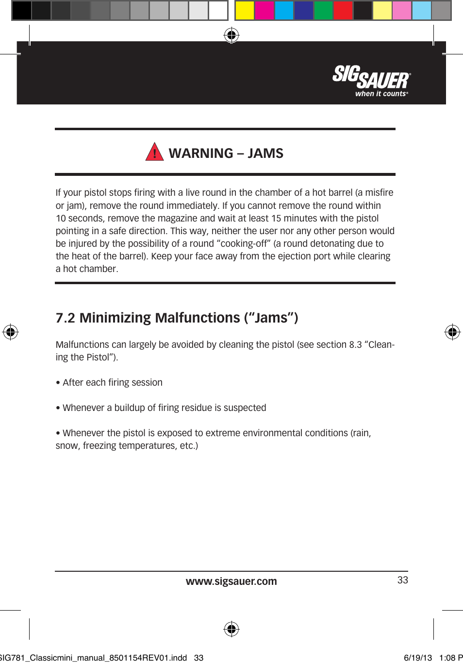 Warning – jams, 2 minimizing malfunctions (“jams”) | SIG SAUER P229 User Manual | Page 33 / 88
