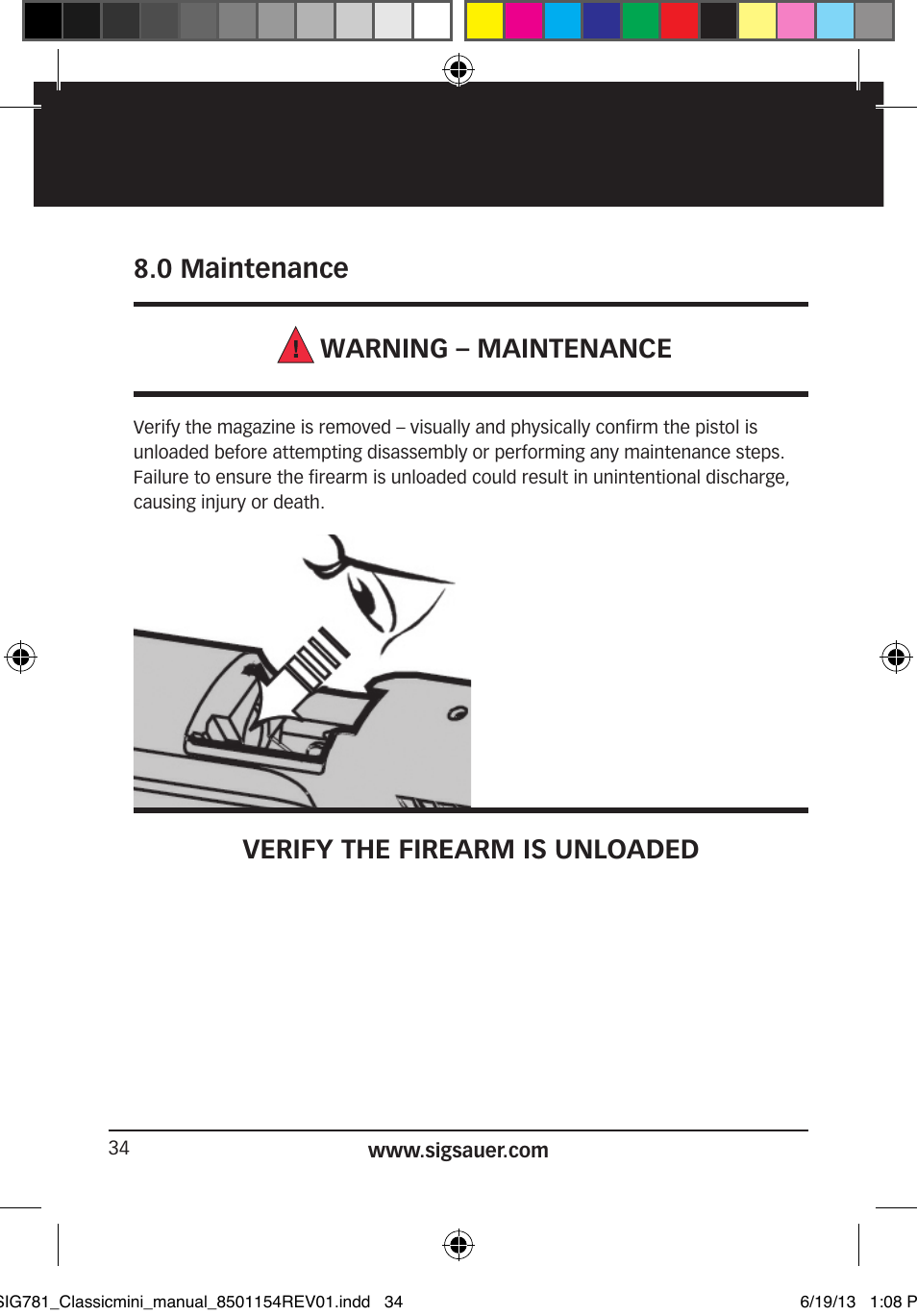 0 maintenance warning – maintenance, Verify the firearm is unloaded | SIG SAUER P229 User Manual | Page 34 / 88