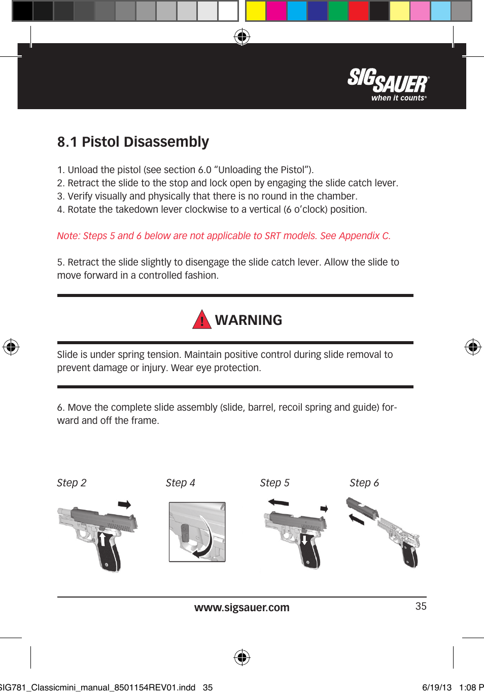 1 pistol disassembly, Warning | SIG SAUER P229 User Manual | Page 35 / 88