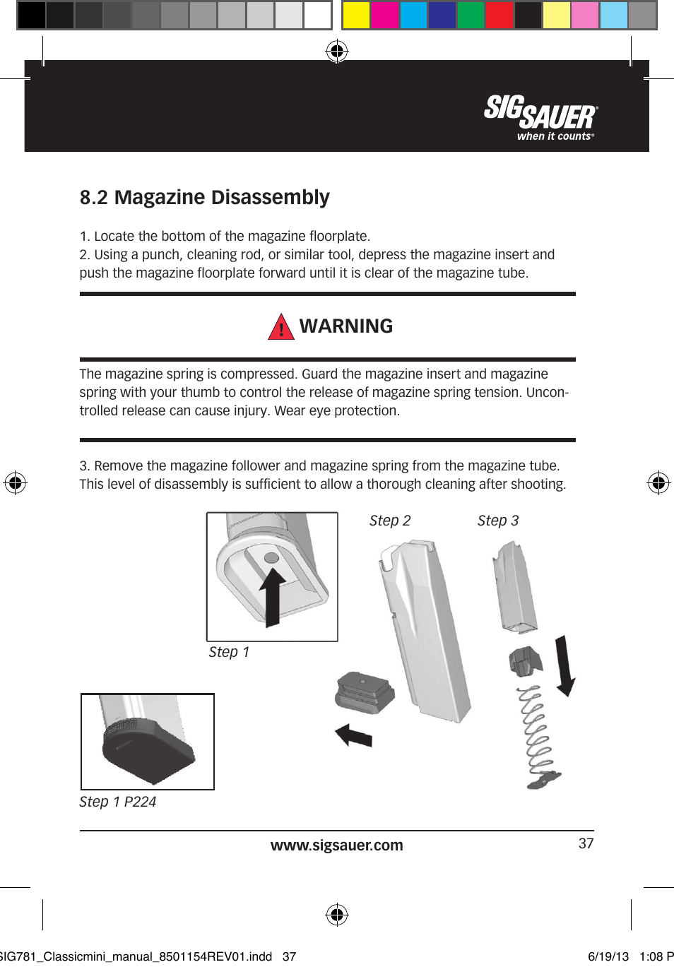 2 magazine disassembly, Warning | SIG SAUER P229 User Manual | Page 37 / 88