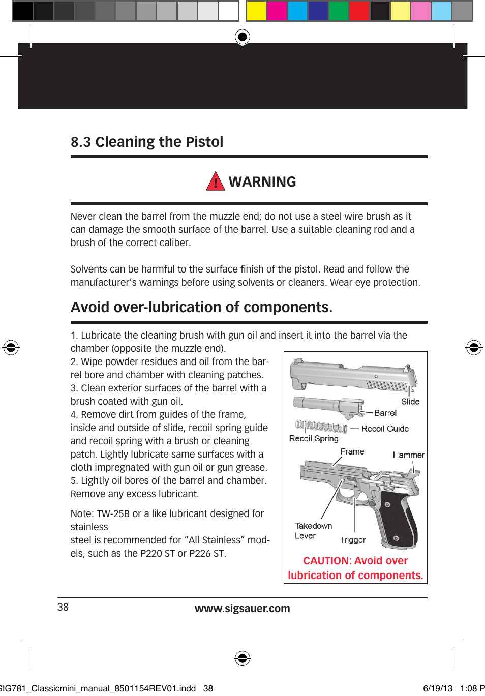 3 cleaning the pistol warning, Avoid over-lubrication of components | SIG SAUER P229 User Manual | Page 38 / 88