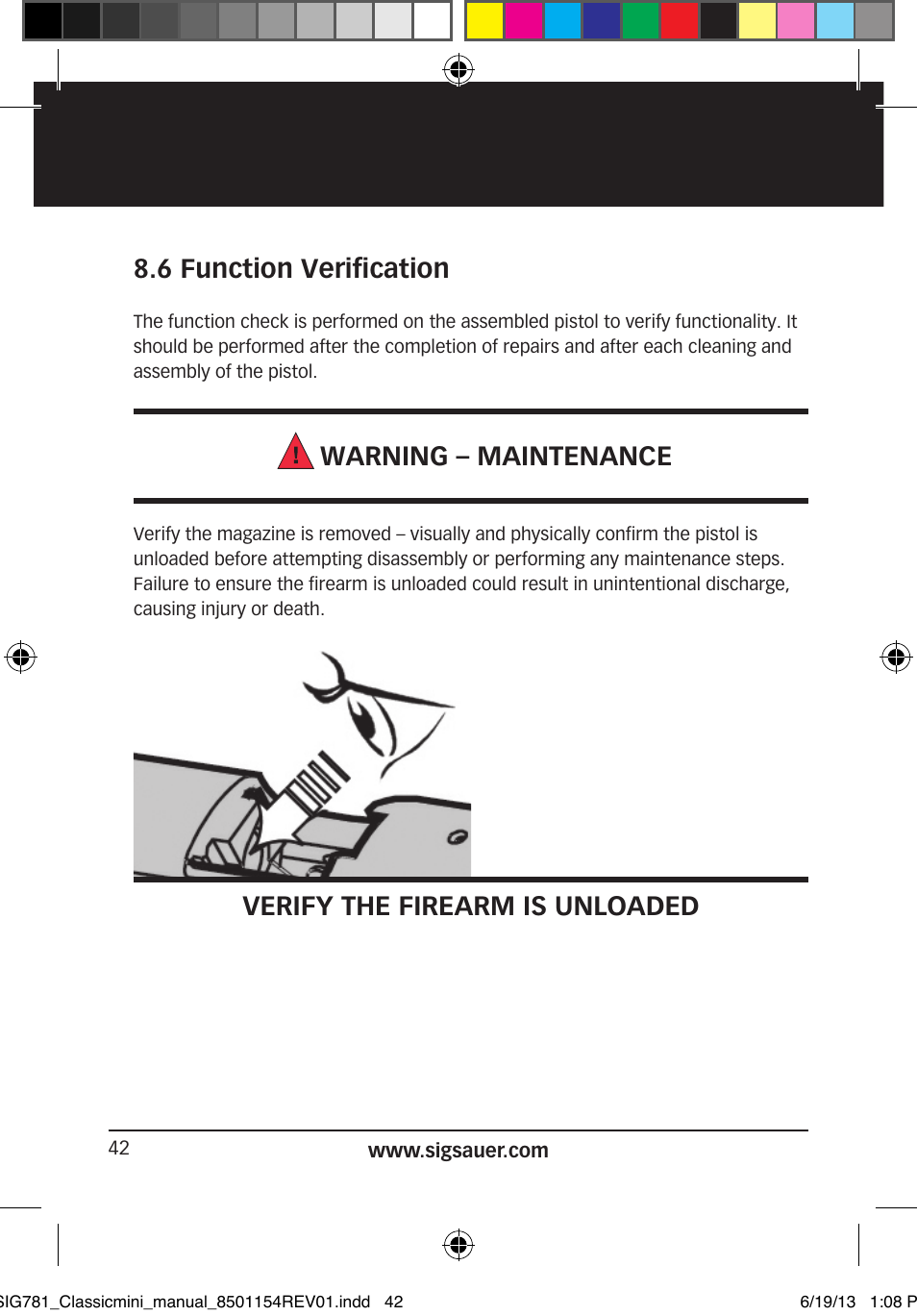 6 function verification, Warning – maintenance, Verify the firearm is unloaded | SIG SAUER P229 User Manual | Page 42 / 88
