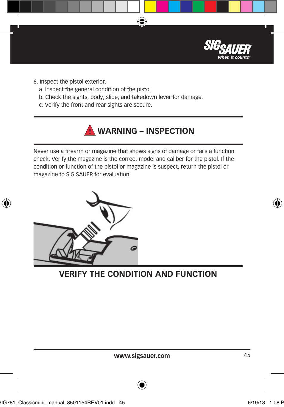 Warning – inspection, Verify the condition and function | SIG SAUER P229 User Manual | Page 45 / 88