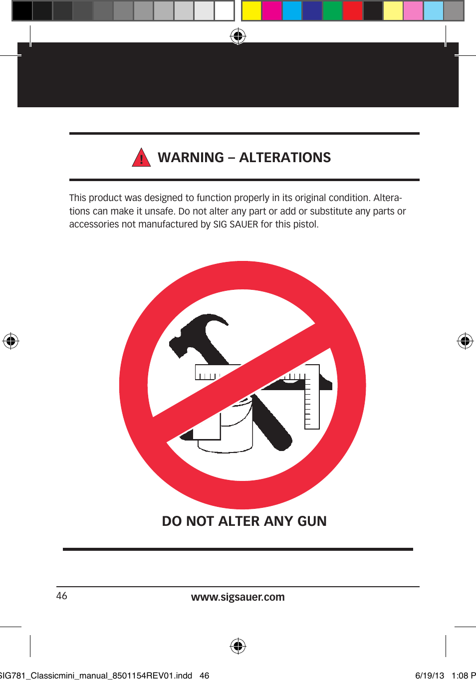 Warning – alterations, Do not alter any gun | SIG SAUER P229 User Manual | Page 46 / 88