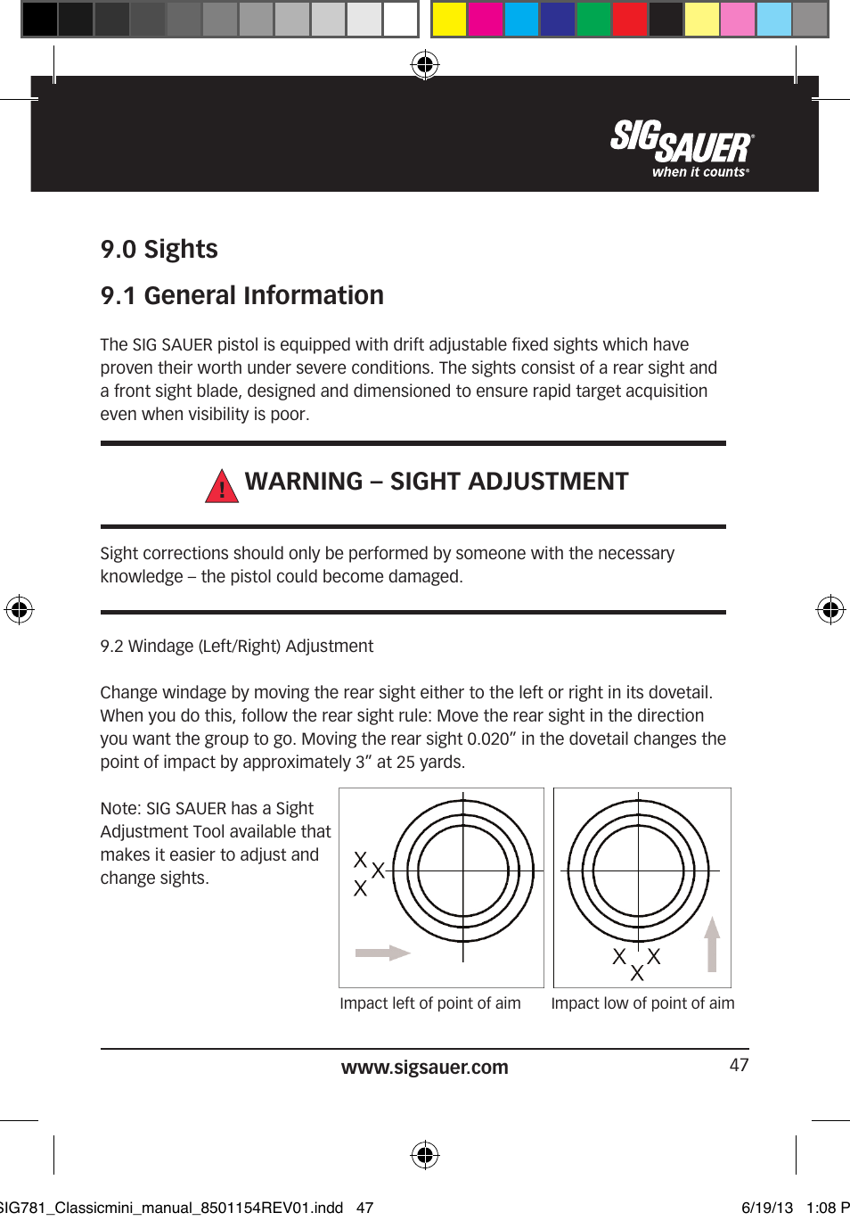 0 sights 9.1 general information, Warning – sight adjustment | SIG SAUER P229 User Manual | Page 47 / 88