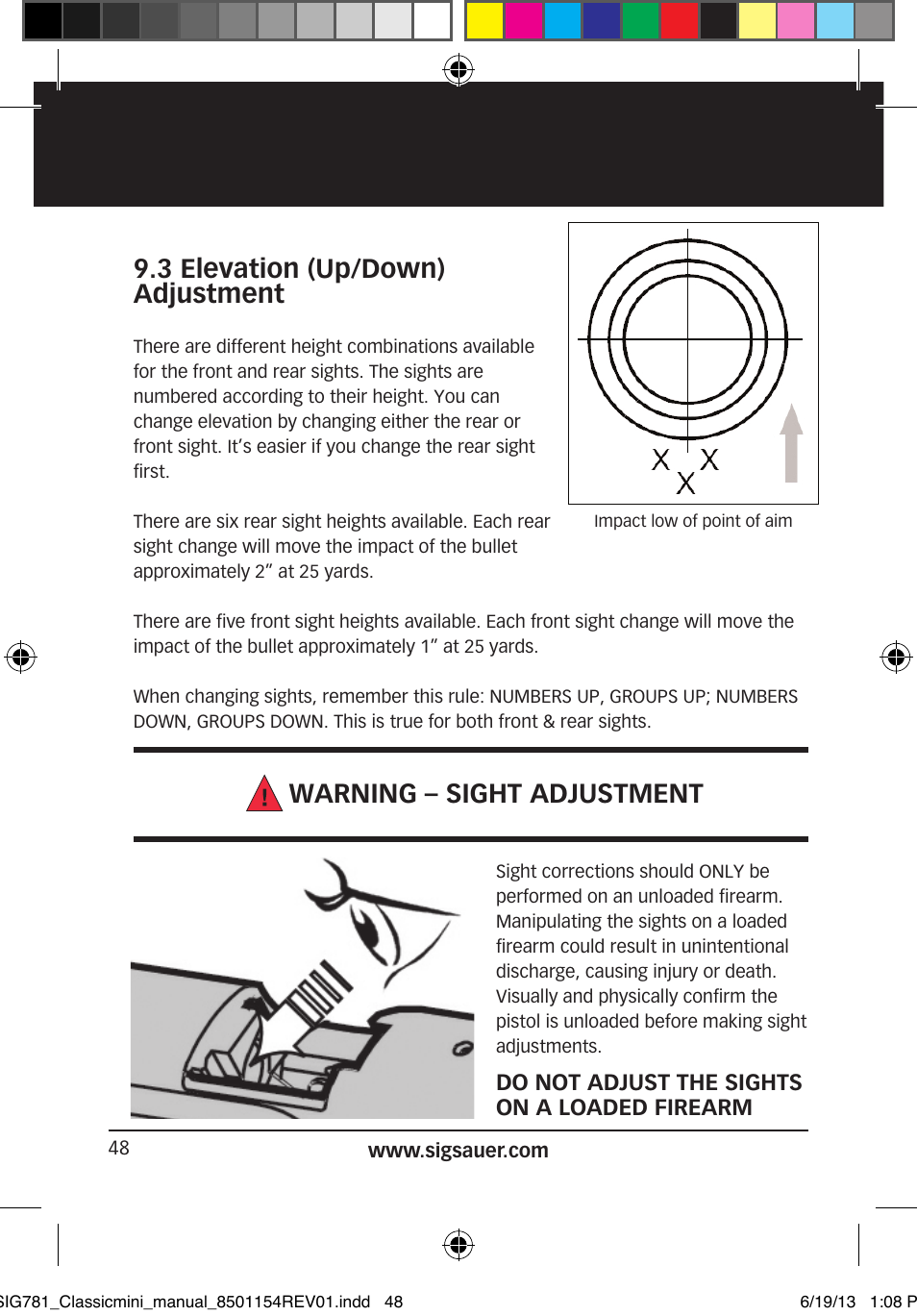 3 elevation (up/down) adjustment, Warning – sight adjustment | SIG SAUER P229 User Manual | Page 48 / 88