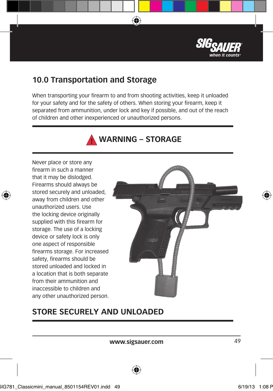 0 transportation and storage, Warning – storage, Store securely and unloaded | SIG SAUER P229 User Manual | Page 49 / 88