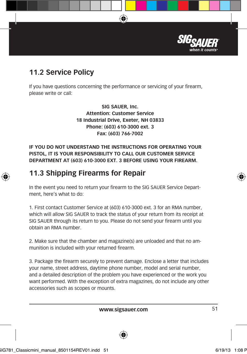 2 service policy, 3 shipping firearms for repair | SIG SAUER P229 User Manual | Page 51 / 88