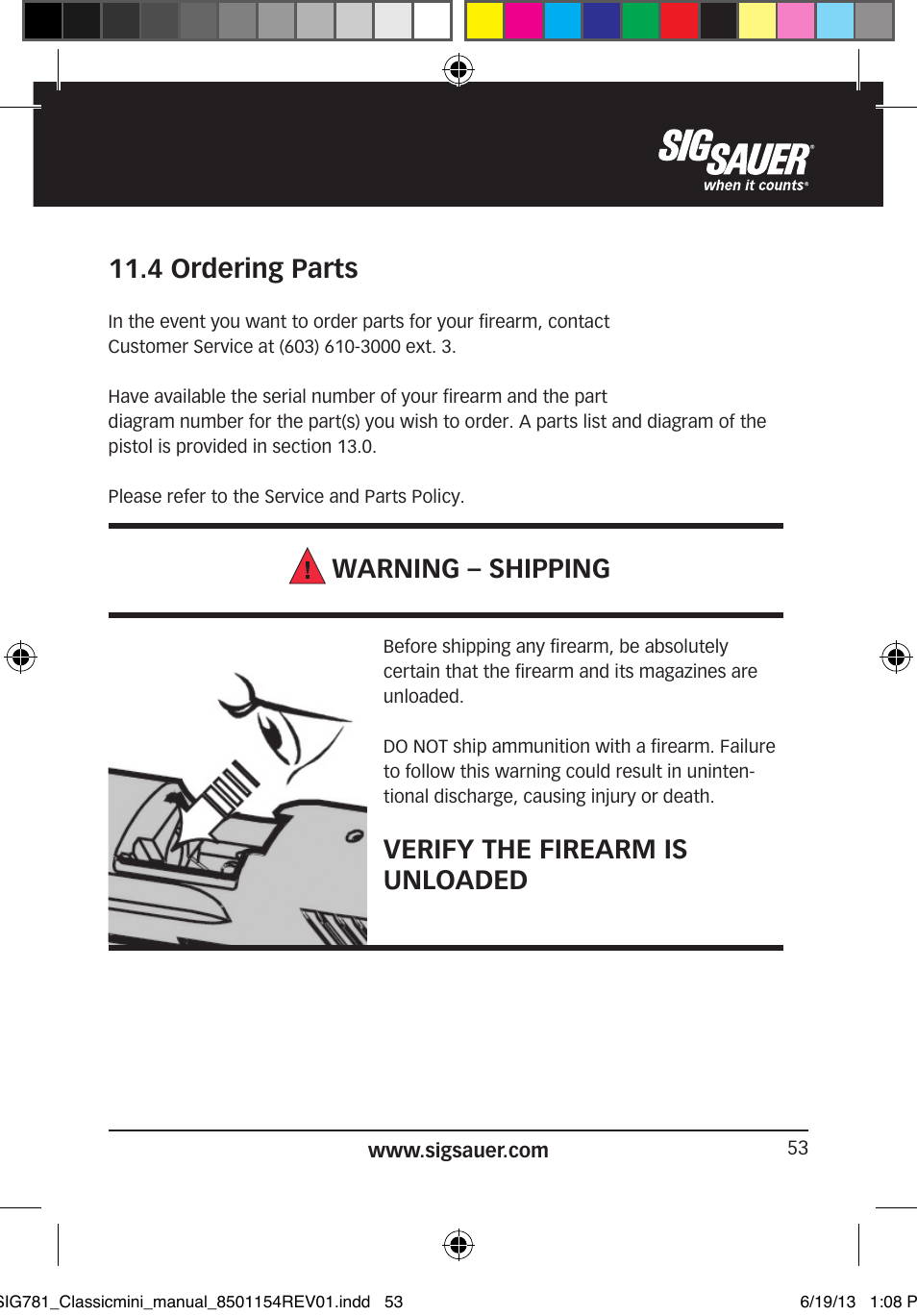 4 ordering parts, Warning – shipping, Verify the firearm is unloaded | SIG SAUER P229 User Manual | Page 53 / 88