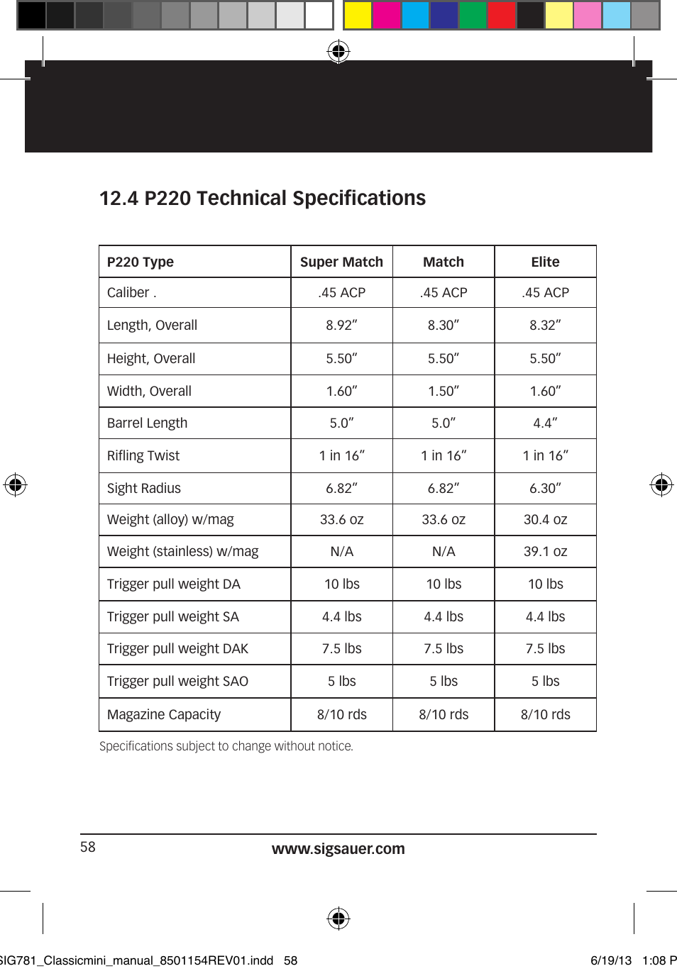 4 p220 technical specifications | SIG SAUER P229 User Manual | Page 58 / 88