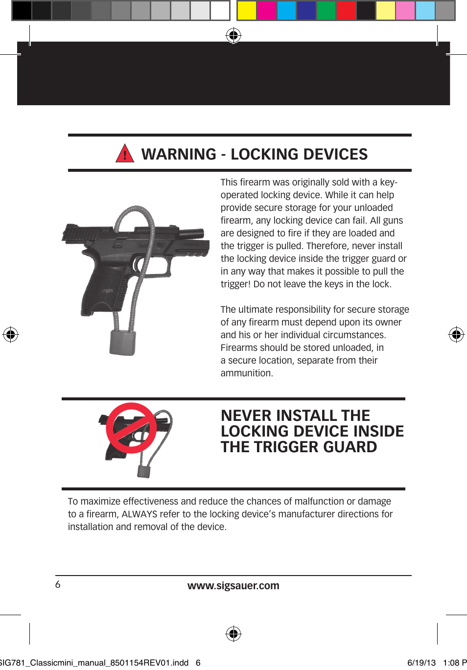 Warning - locking devices | SIG SAUER P229 User Manual | Page 6 / 88