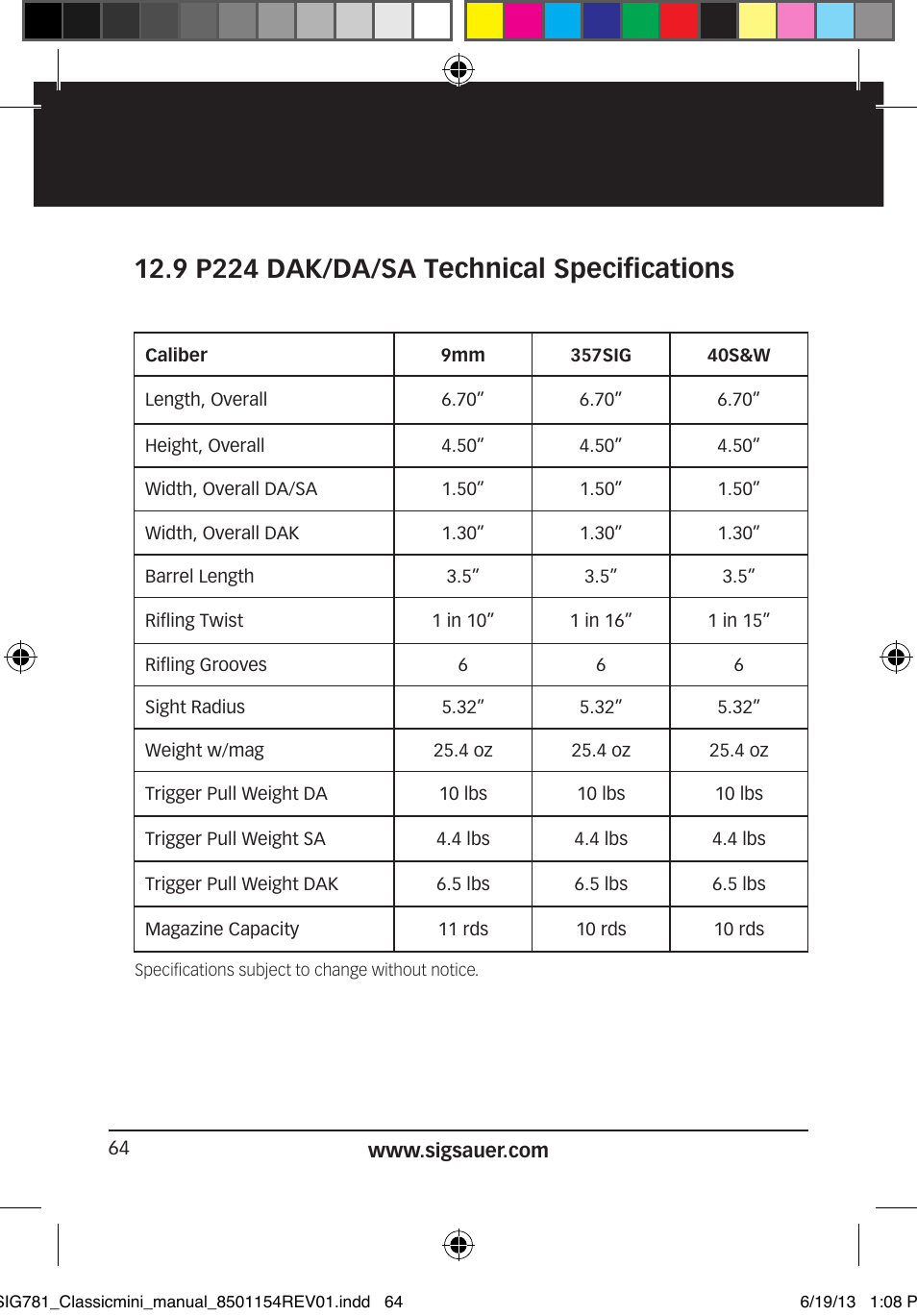 9 p224 dak/da/sa technical specifications | SIG SAUER P229 User Manual | Page 64 / 88