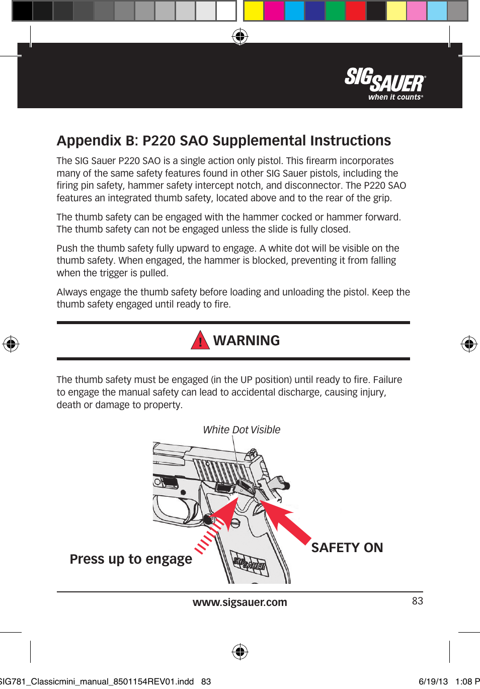 Appendix b: p220 sao supplemental instructions, Warning, Safety on press up to engage | SIG SAUER P229 User Manual | Page 83 / 88