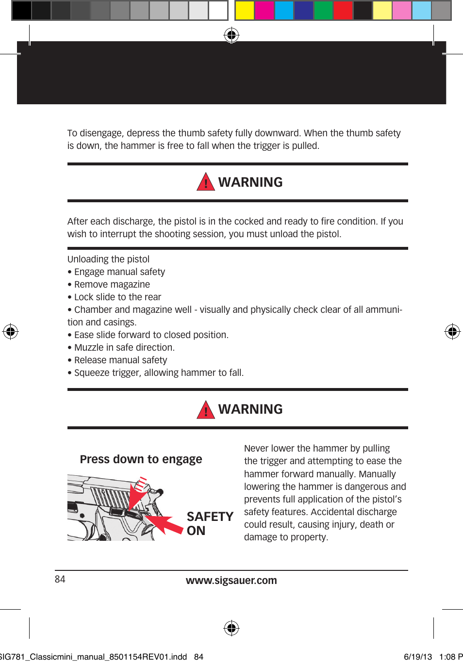 Warning, Safety on | SIG SAUER P229 User Manual | Page 84 / 88