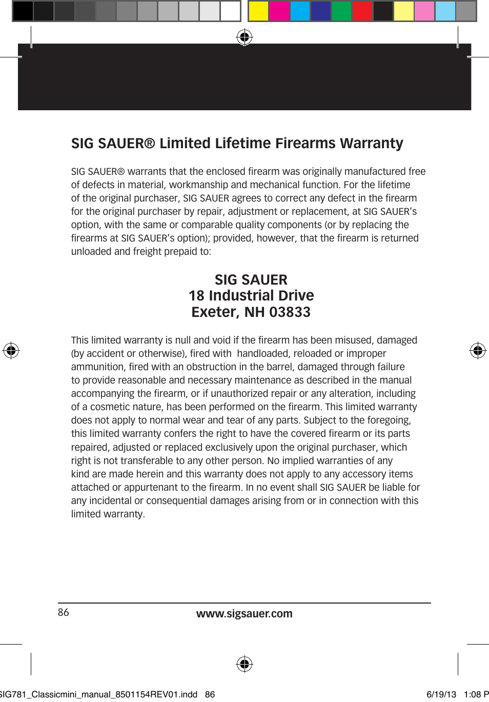 Sig sauer® limited lifetime firearms warranty | SIG SAUER P229 User Manual | Page 86 / 88
