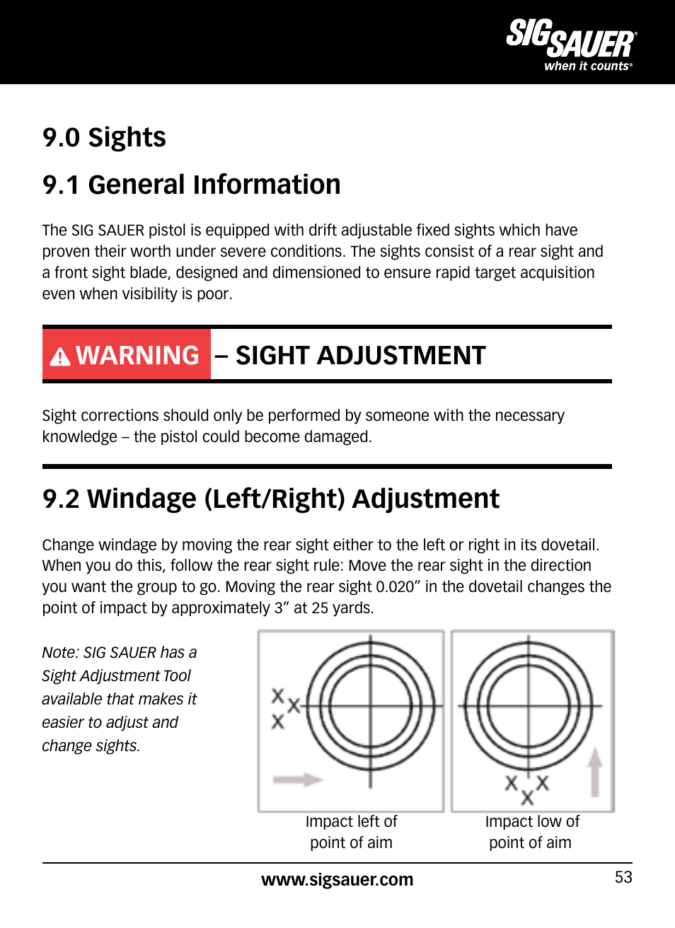 0 sights 9.1 general information, Warning – sight adjustment, 2 windage (left/right) adjustment | SIG SAUER P938P User Manual | Page 53 / 68