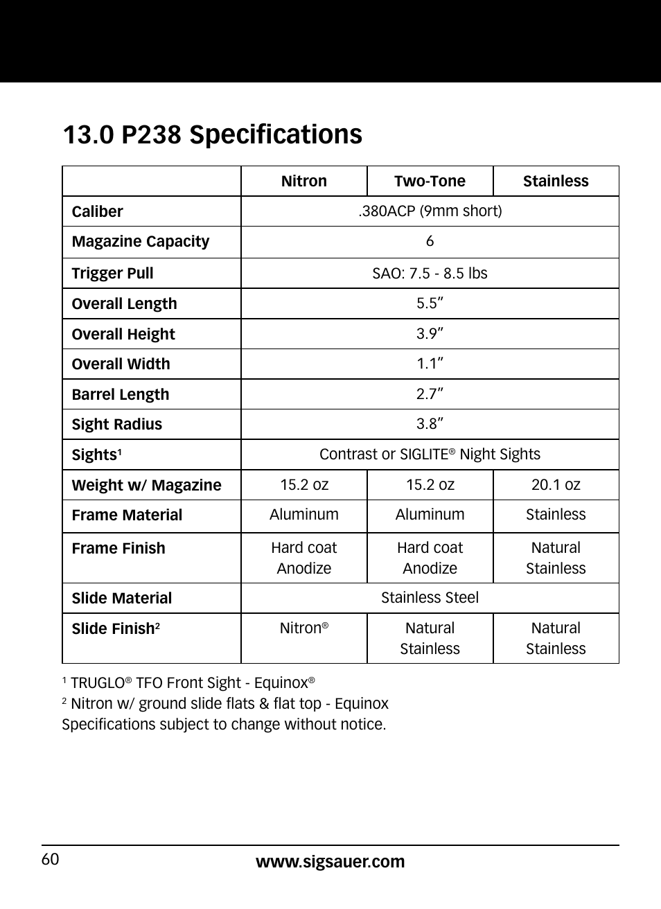 0 p238 specifications | SIG SAUER P938P User Manual | Page 60 / 68