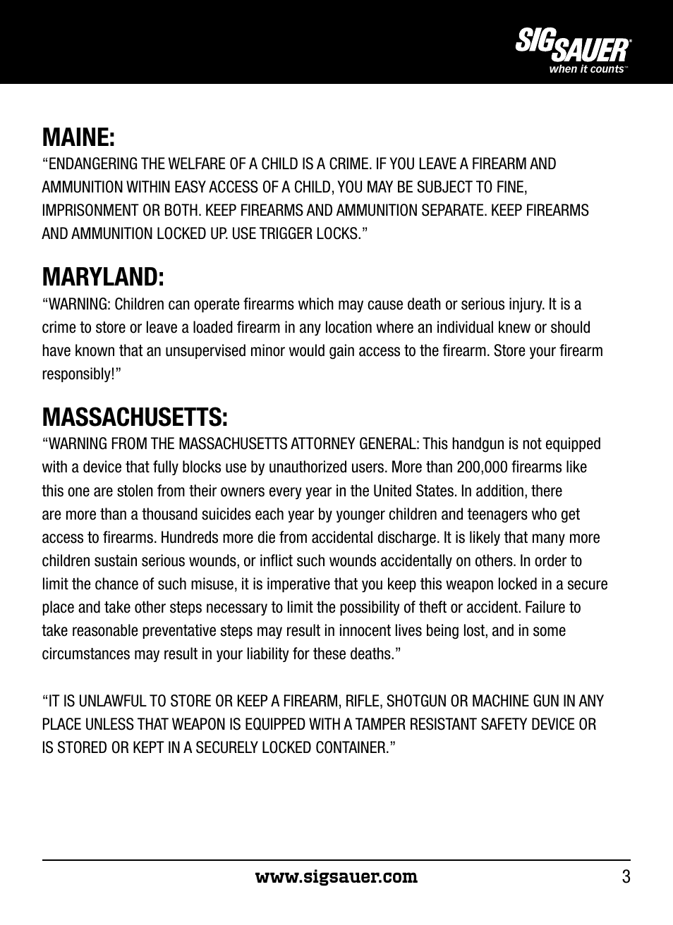 Maine, Maryland, Massachusetts | SIG SAUER P250 User Manual | Page 3 / 68