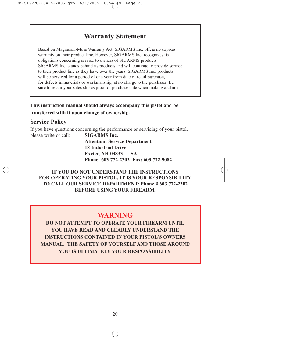 Warranty statement, Warning | SIG SAUER SP2009 User Manual | Page 20 / 24