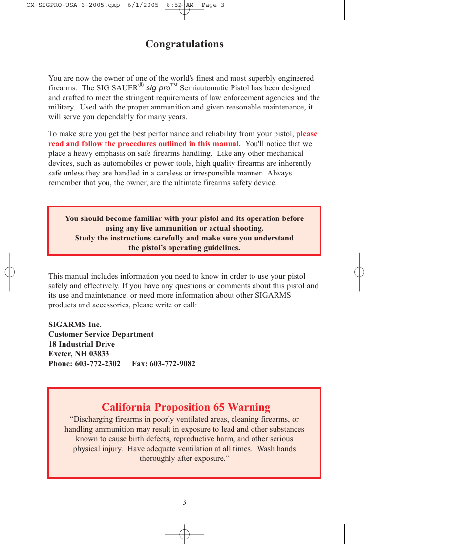 California proposition 65 warning | SIG SAUER SP2009 User Manual | Page 3 / 24