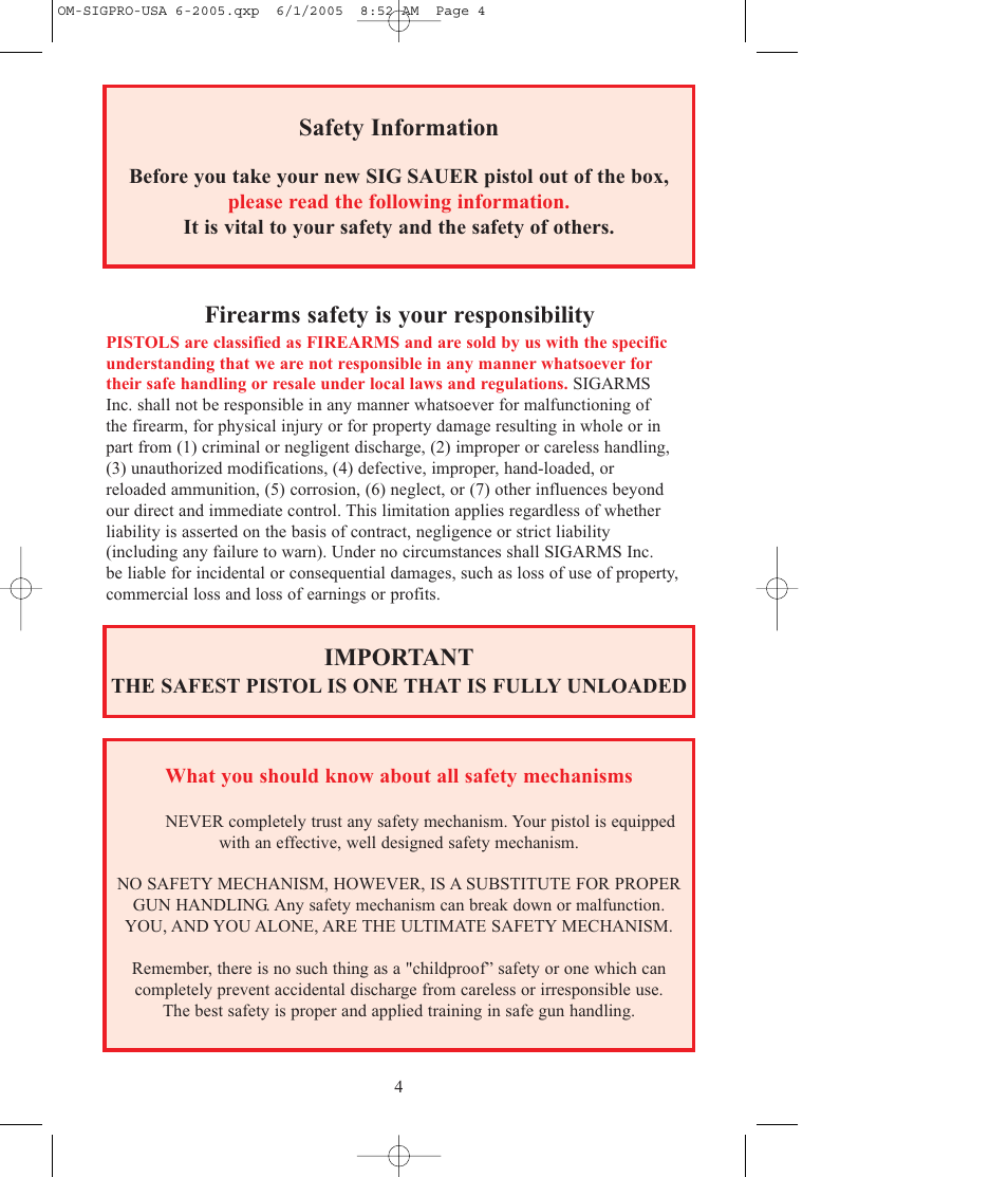 Firearms safety is your responsibility, Safety information, Important | SIG SAUER SP2009 User Manual | Page 4 / 24