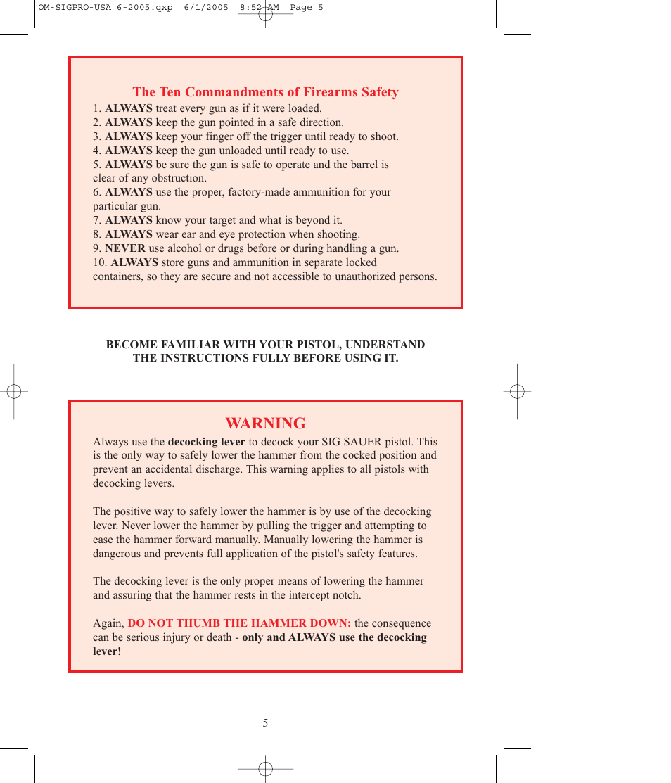 Warning | SIG SAUER SP2009 User Manual | Page 5 / 24