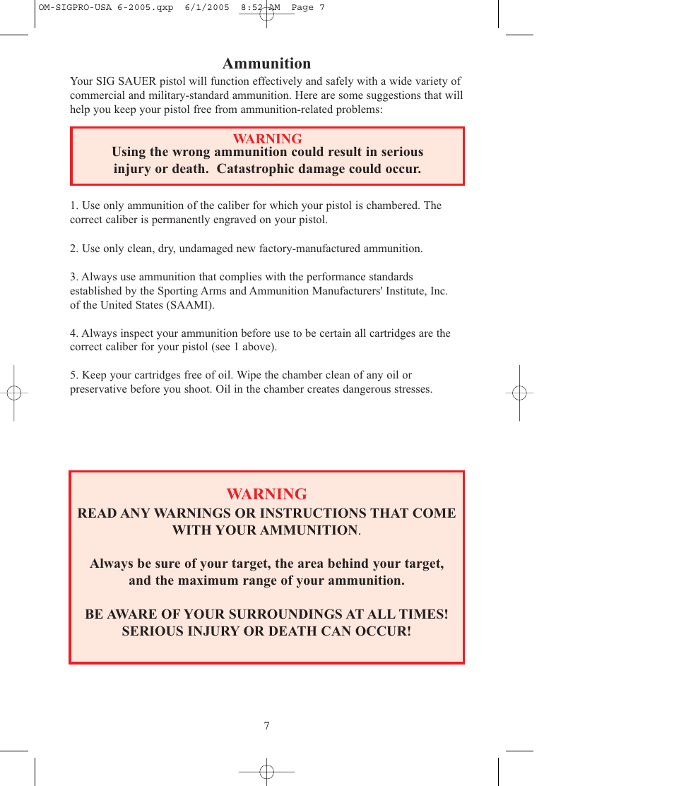 Ammunition, Warning | SIG SAUER SP2009 User Manual | Page 7 / 24